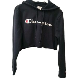 Champion Women Sz M Cropped Hoodie Navy Script Logo Raw Hem Fleece Streetwear